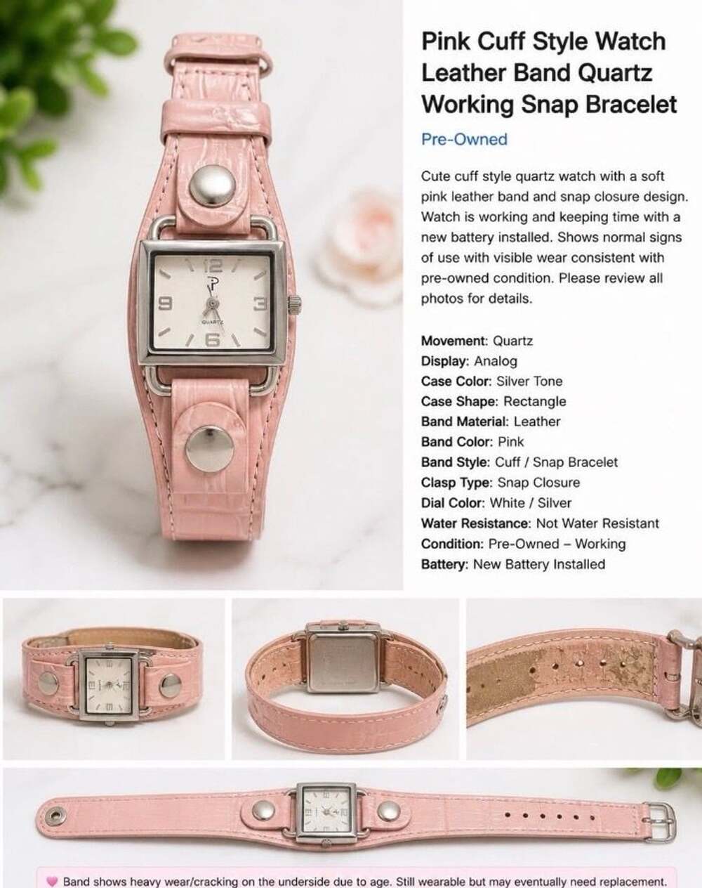 Womens Pink Leather Cuff Watch Square Face Snap Stud Bracelet Quartz Western